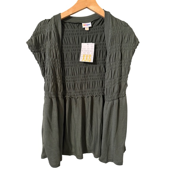 LuLaRoe Sweaters - LuLaRoe Kaylin Oversized Cardigan XXS‎ Dark Green Smocked Peplum Open Front NWT